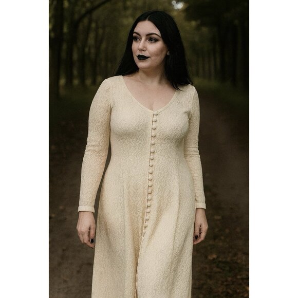 Vtg 90s Lace Romantic Dress Sz L Button Front Tie Back Victorian Fairy Whimsical - Picture 1 of 16